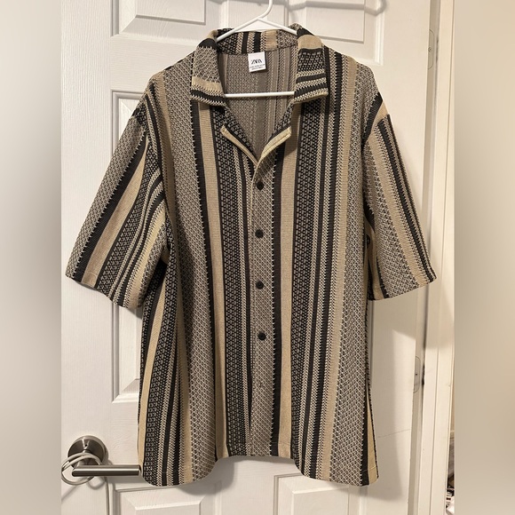 ZARA MENS TEXTURED STRIPED SHIRT BLACK/TAN XL - Picture 2 of 3